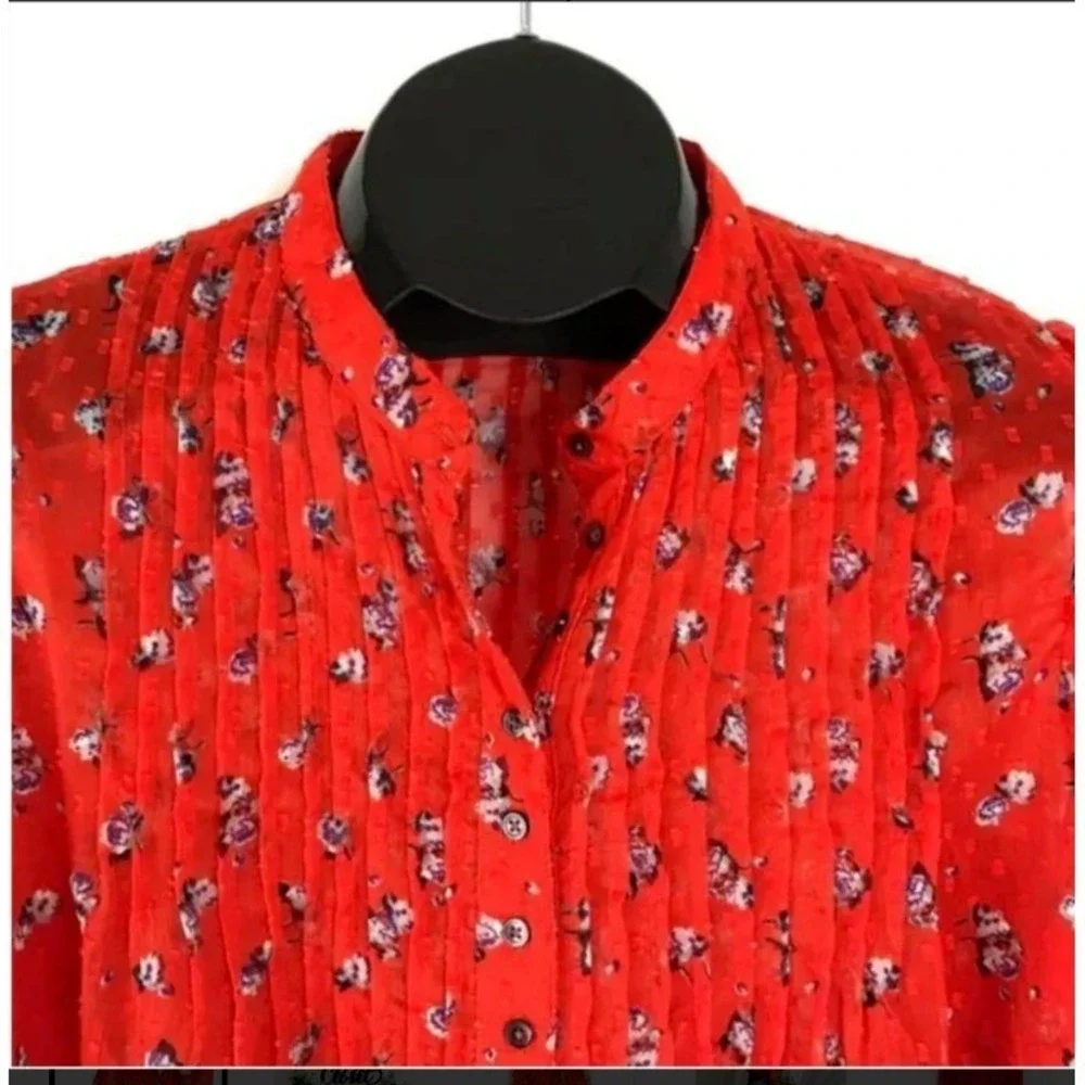 Free People Floral Blouse Womens S Red Cottagecore Pintuck Swiss Dot Sheer Top